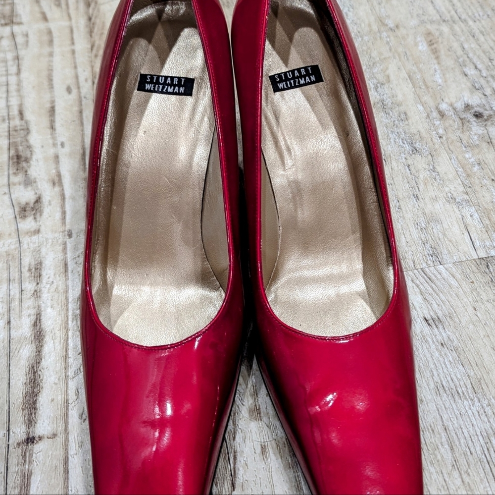 Stuart Weitzman Red Patent Square Toe Black Heels - Sz 9 1/2 B